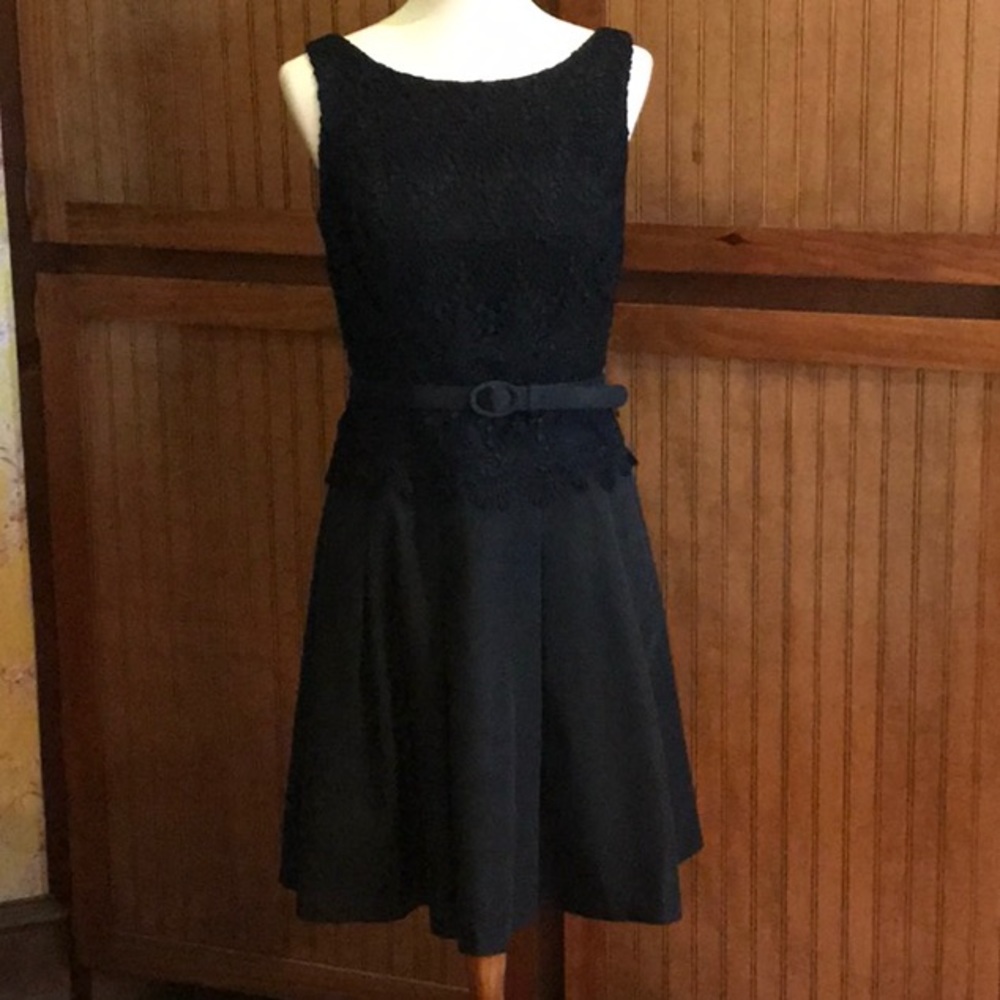 Classic Black Lace A-Line Dress with Belt